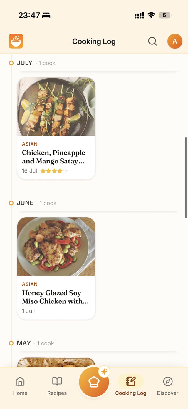 The Cooking Log: each cook with its photo and rating, month by month