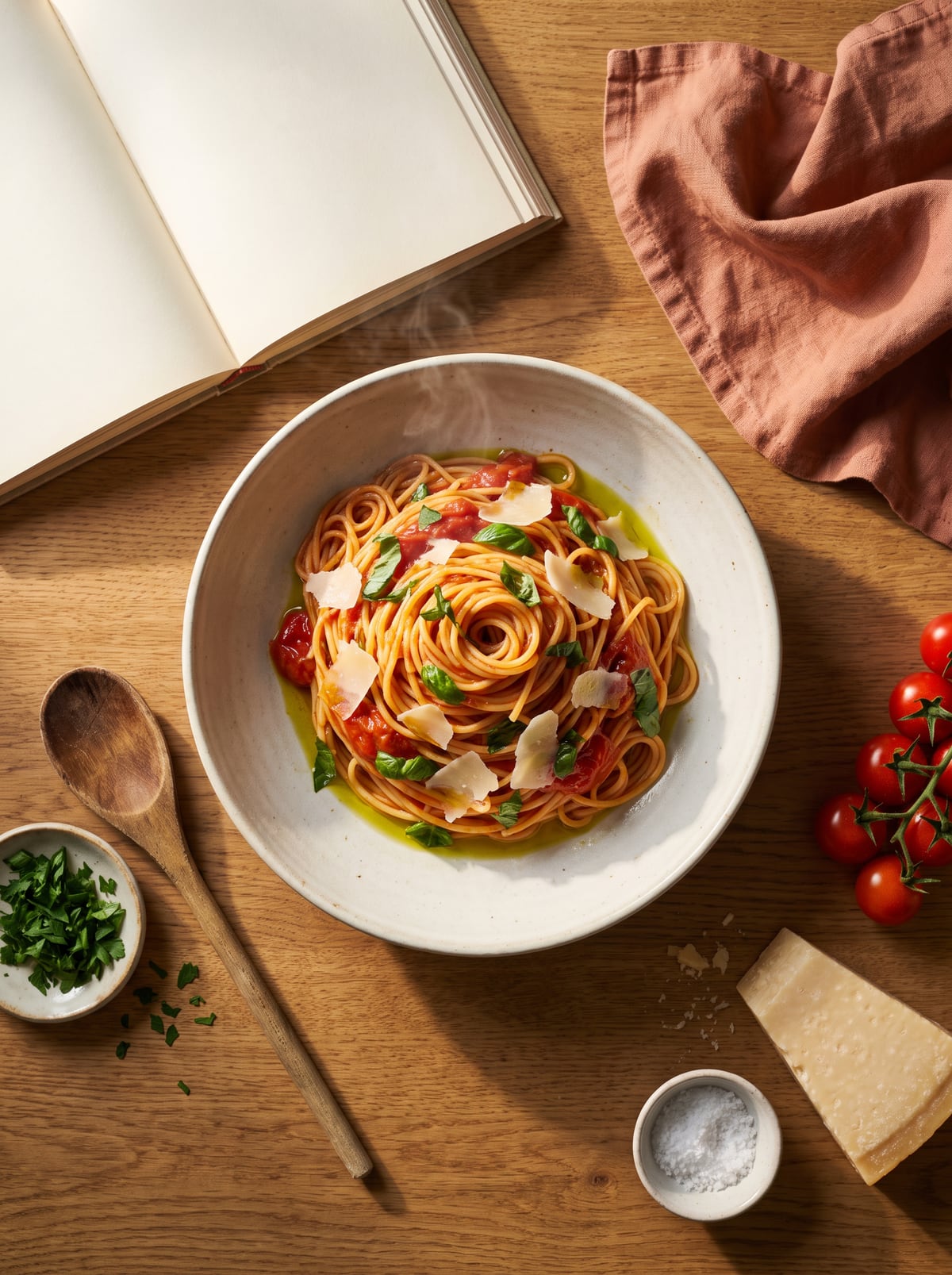 A bowl of tomato and basil spaghetti on a wooden table, beside an open cookbook