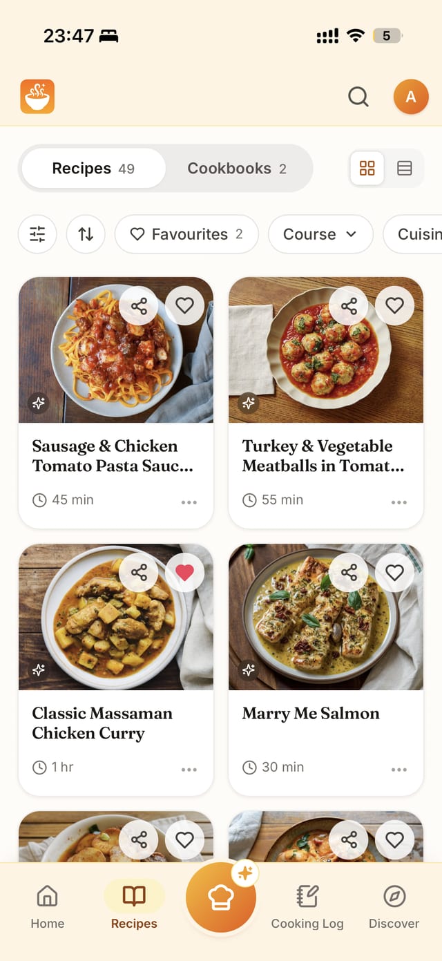 The Recipes tab: every recipe with its photo, filters and favourites